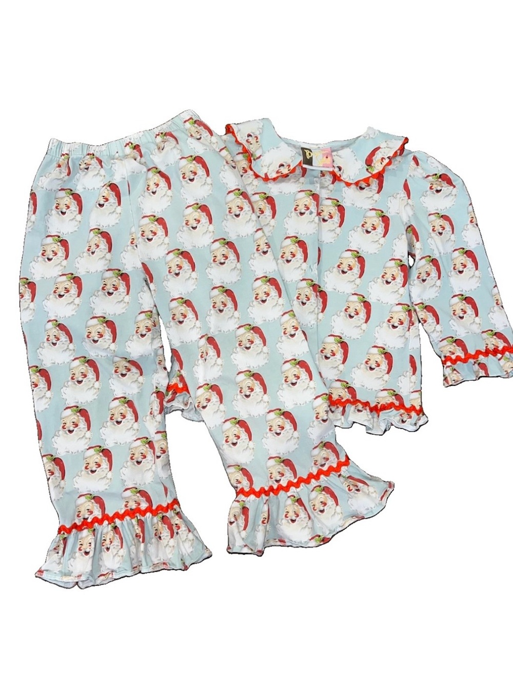 Banana Split Light Blue Santa Christmas Holiday Print Ruffle Pajama Set - 5